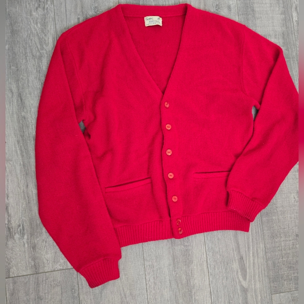Vintage Sears 60s/70s Sportswear Grandma Granny Vibrant Red Cardigan, Small